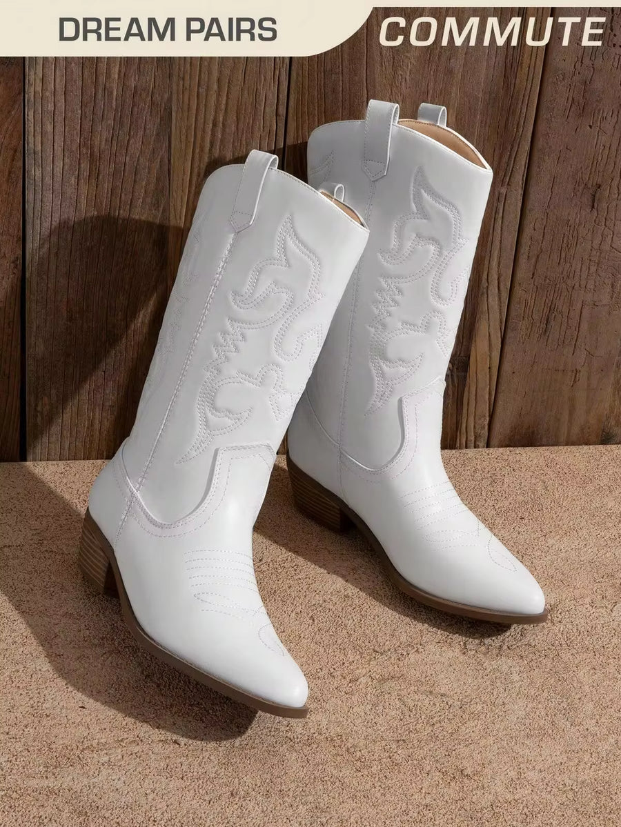 Women's Western Cowboy Mid-Calf Boots Pointed Toe Comfortable Commuter White Boots