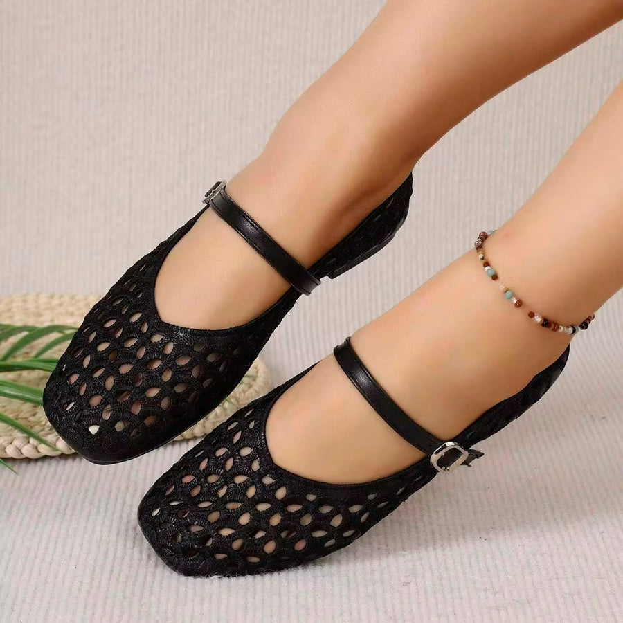 Fashionable Elegant Hollow French Mary Jane Breathable Flat Shoes Comfortable Teacher Shoes Spring Summer New Style Buckle Embroidery Soft Sole Soft Upper Dance Shoes Outdoor Party Commute Women Shoes Square Toe Plus Size Shoes